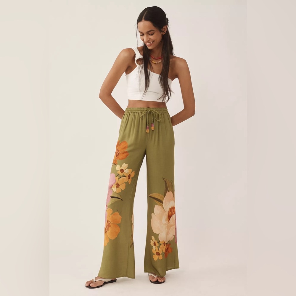 FARM Rio Olive Floral Wide Leg Pants NWOT